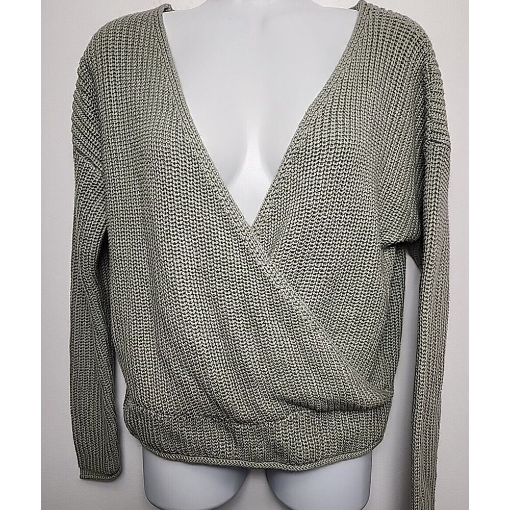 Moon & Madison Anthro Womens Knit Sweater S Crop L/S V-Neck Green Cross Over